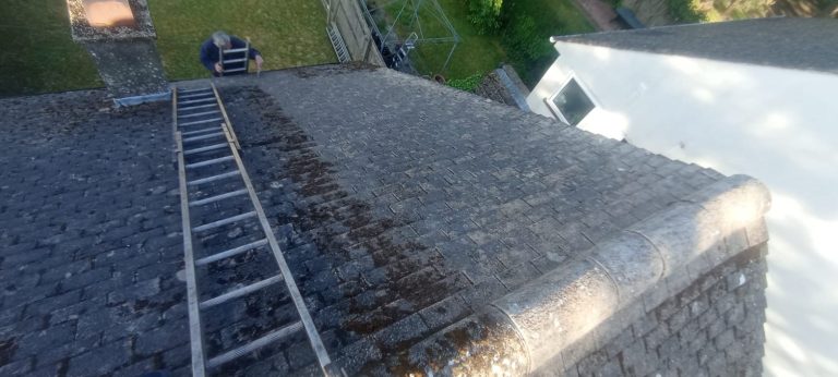 Moss-covered concrete tile roof during hand cleaning in Tadley