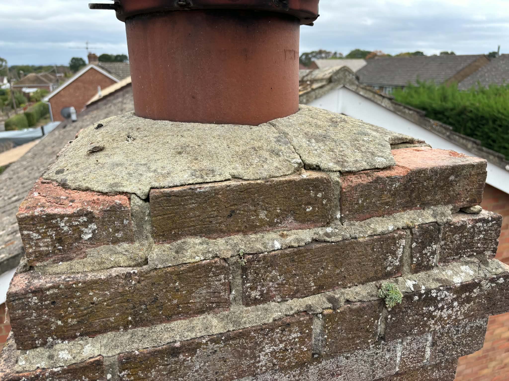 Top of a chimney stack checked during a roof visit in Hampshire