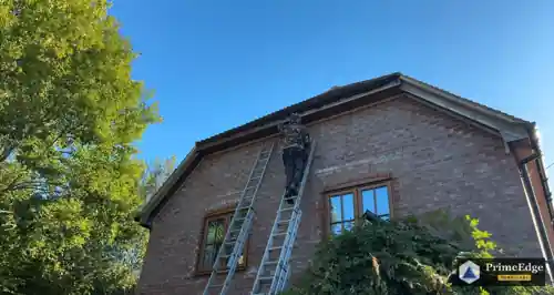 Fascias and gable boards being painted from a ladder on a brick house in Little London, near Tadley