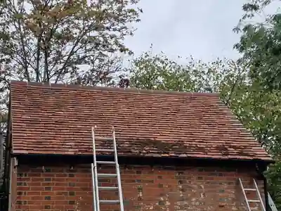 Heavy moss on the clay tile roof of a brick outbuilding near Mortimer, Berkshire